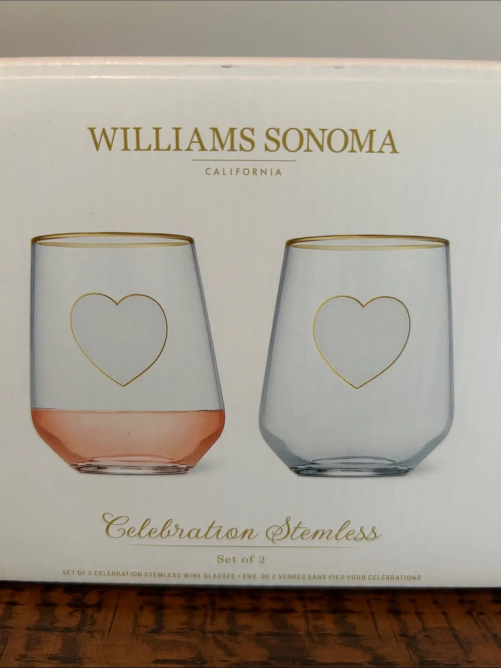 Williams Sonoma Celebration Stemless Wine Glasses - Gold Trim & Heart